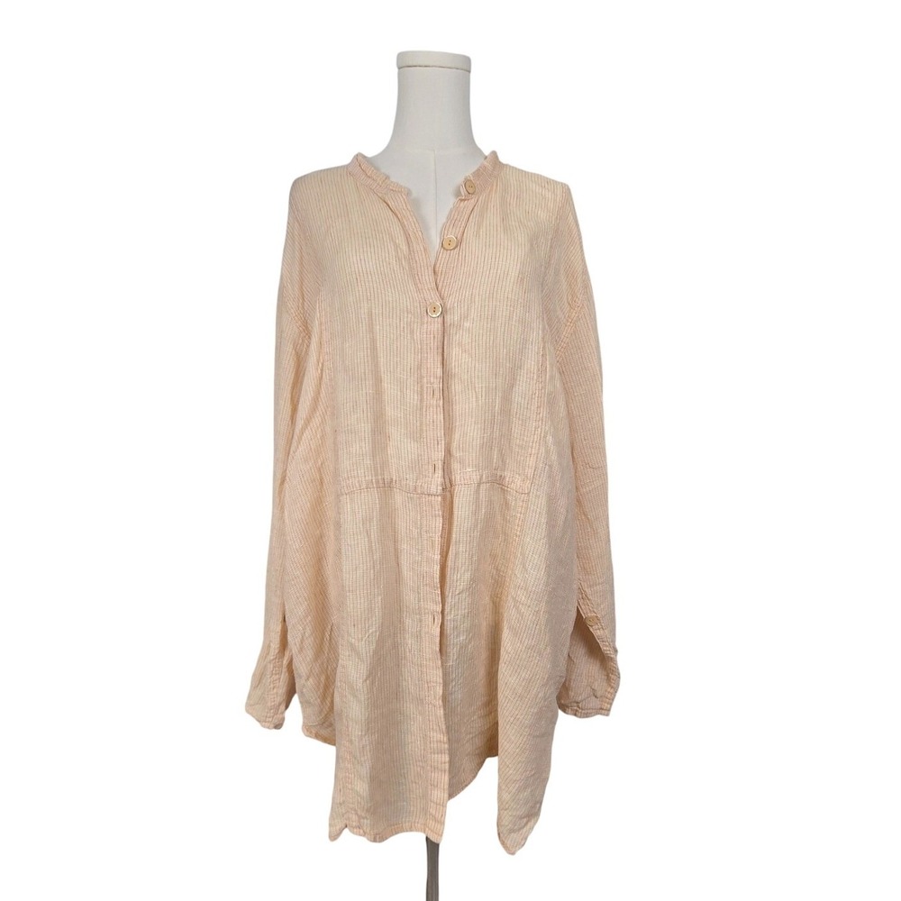 FLAX Linen Button Down Tunic Shirt Large Orange White Striped Long Sleeve Top
